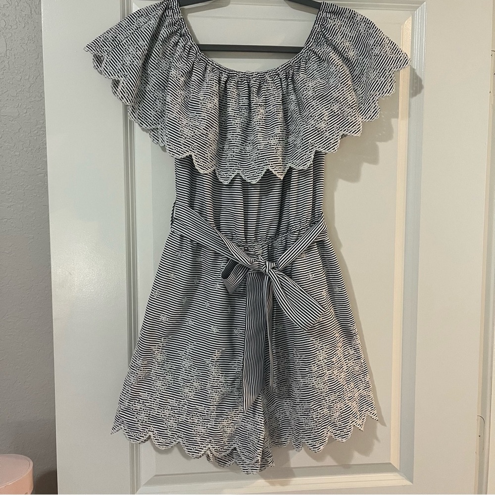 Striped Off-Shoulder Tie-Waist Romper